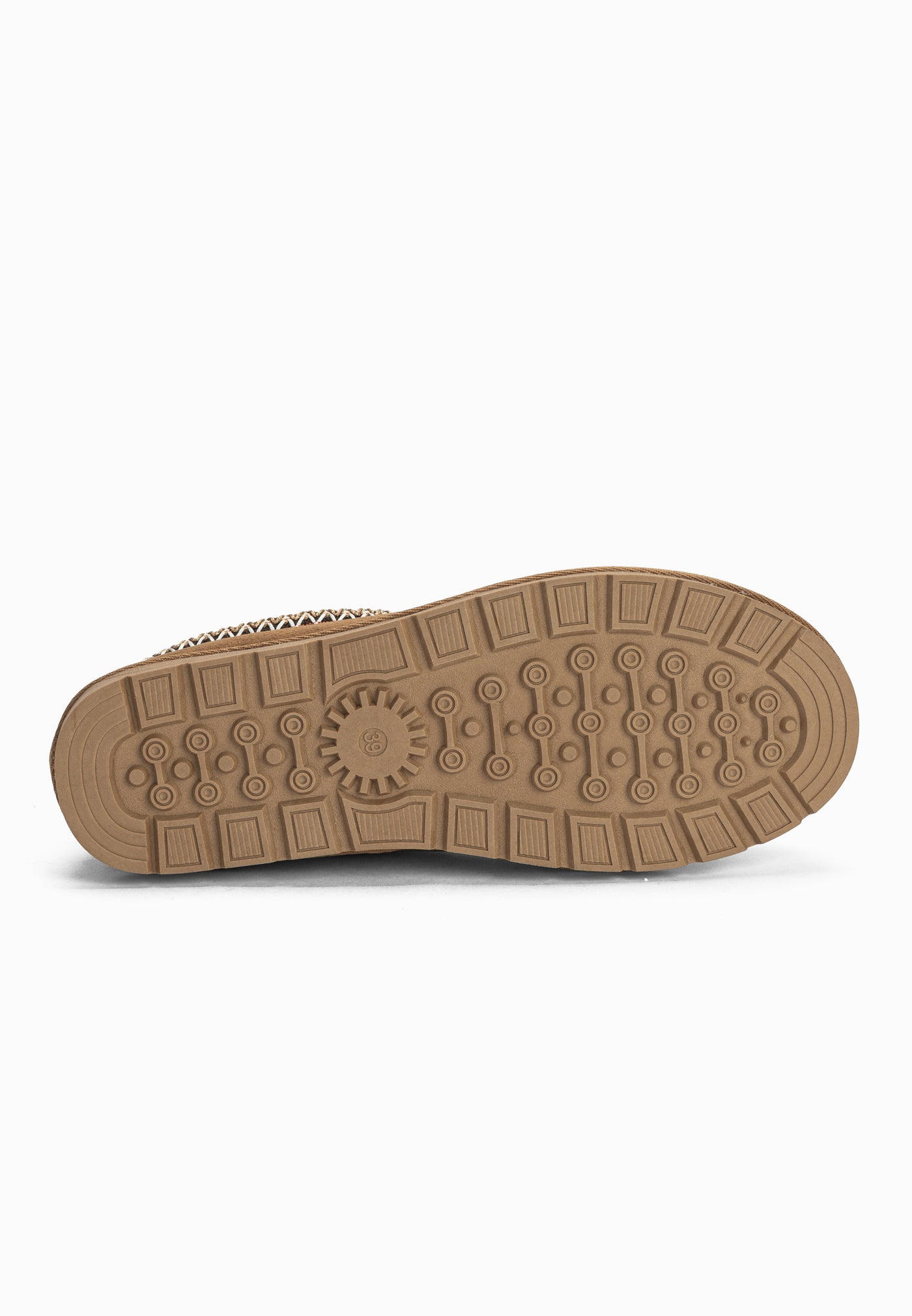Semelle beige de la bottine fourrée Bruce camel, crampons carrés et médaillon rond