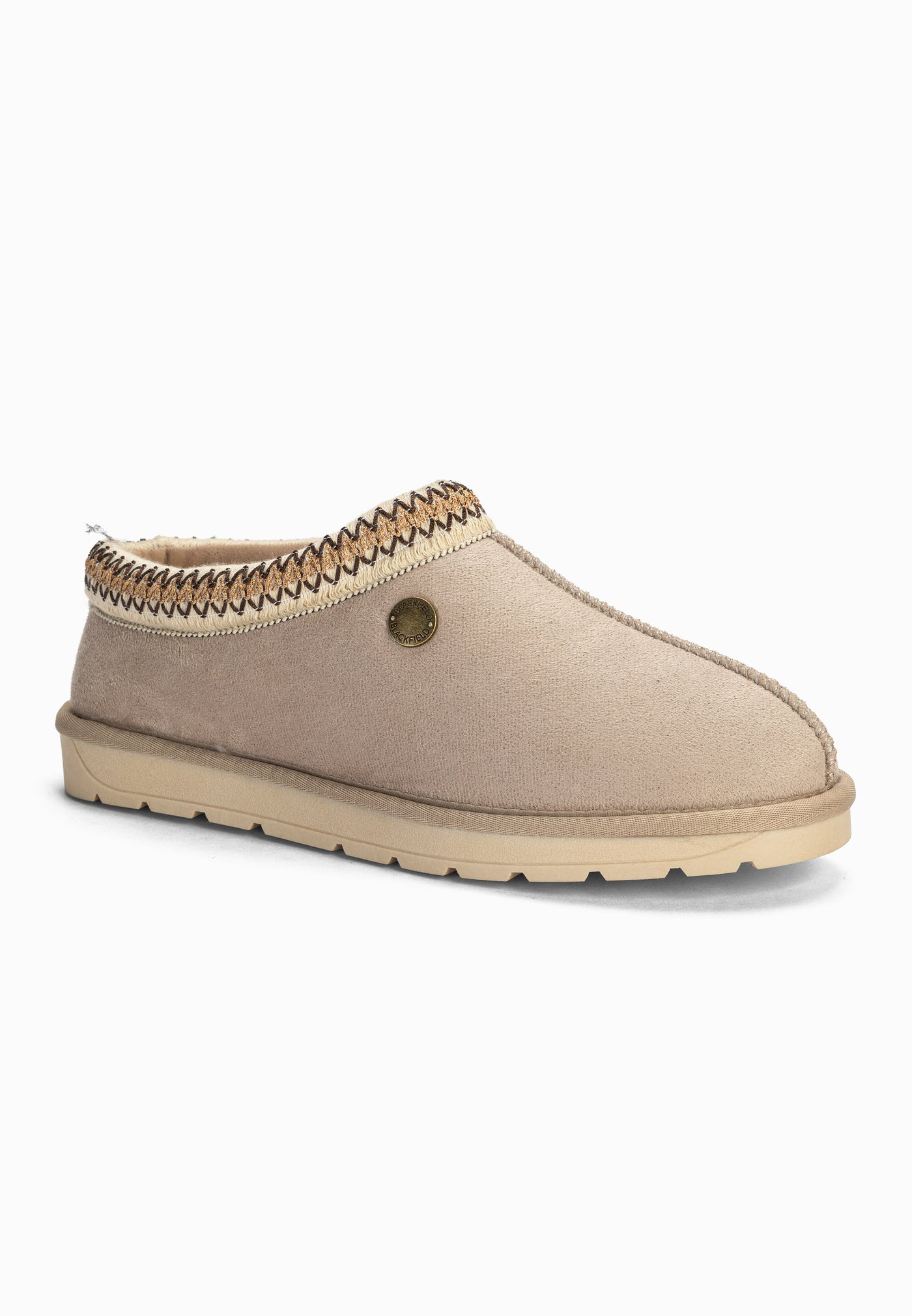 Bottine fourrée Bruce beige sable vue de trois-quarts, bouton rond sur le quartier