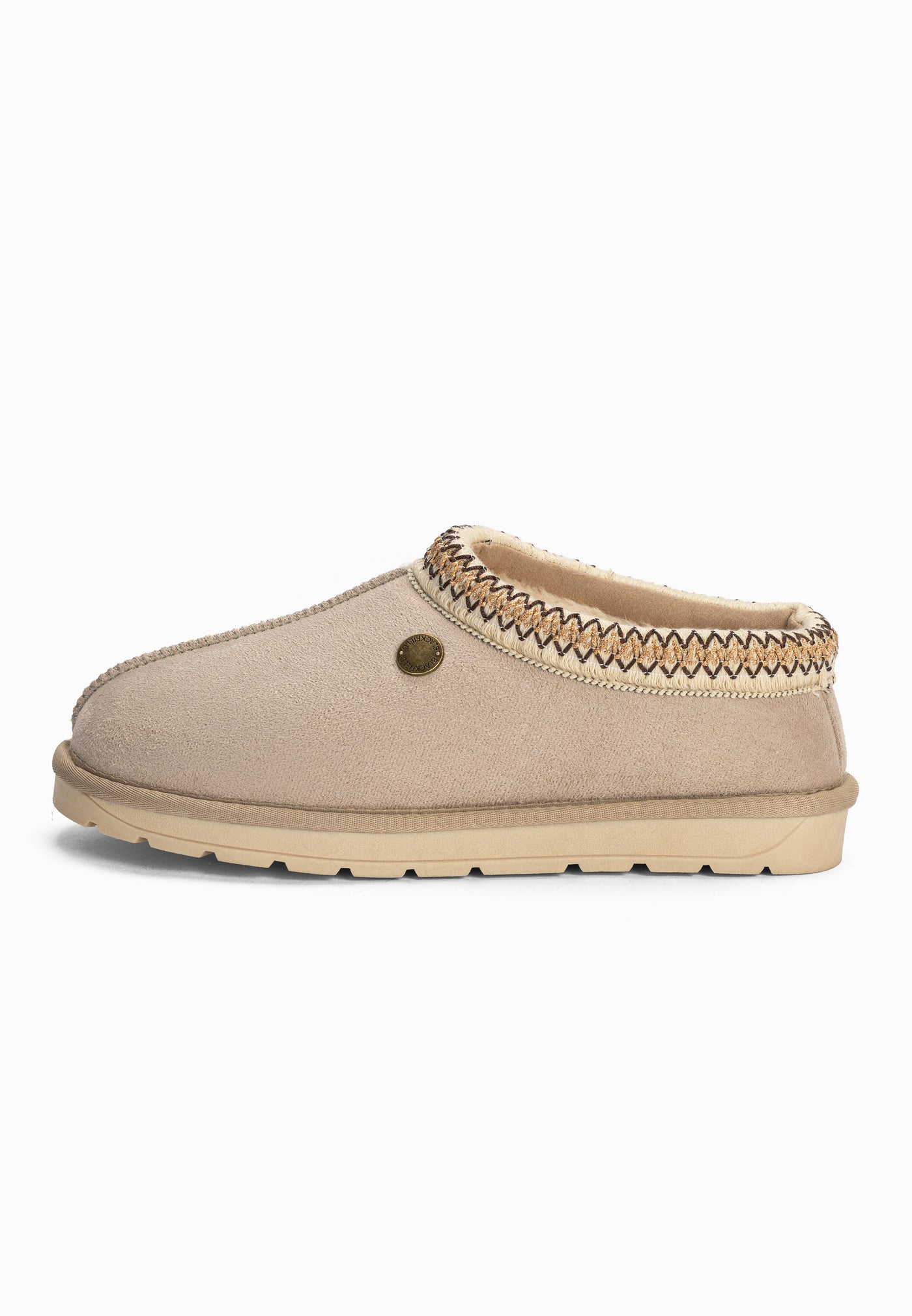 Bottine fourrée Bruce beige sable de profil, galon zigzag tout autour du col