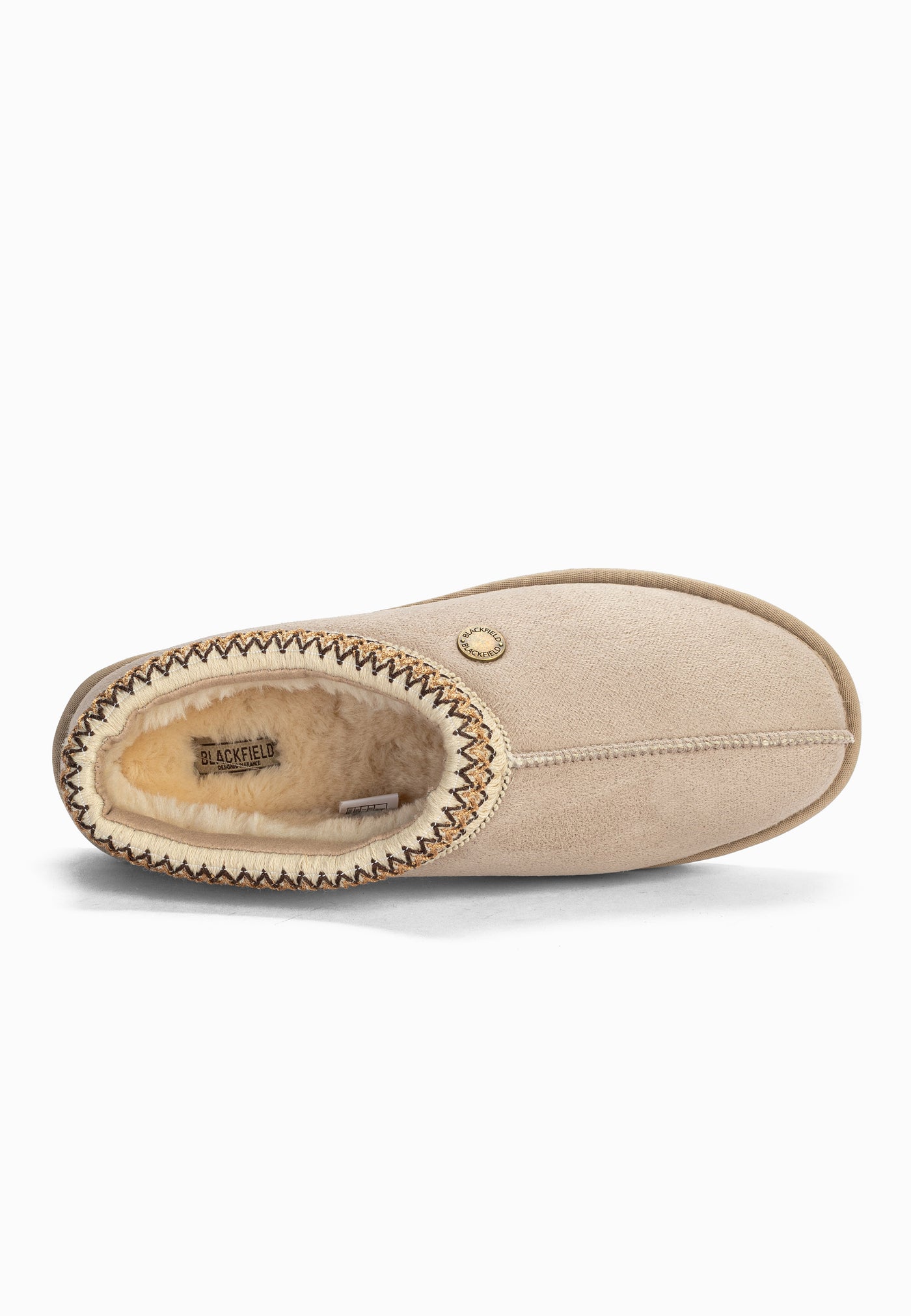 Bottine fourrée Bruce beige sable vue de dessus, doublure crème et étiquette cousue