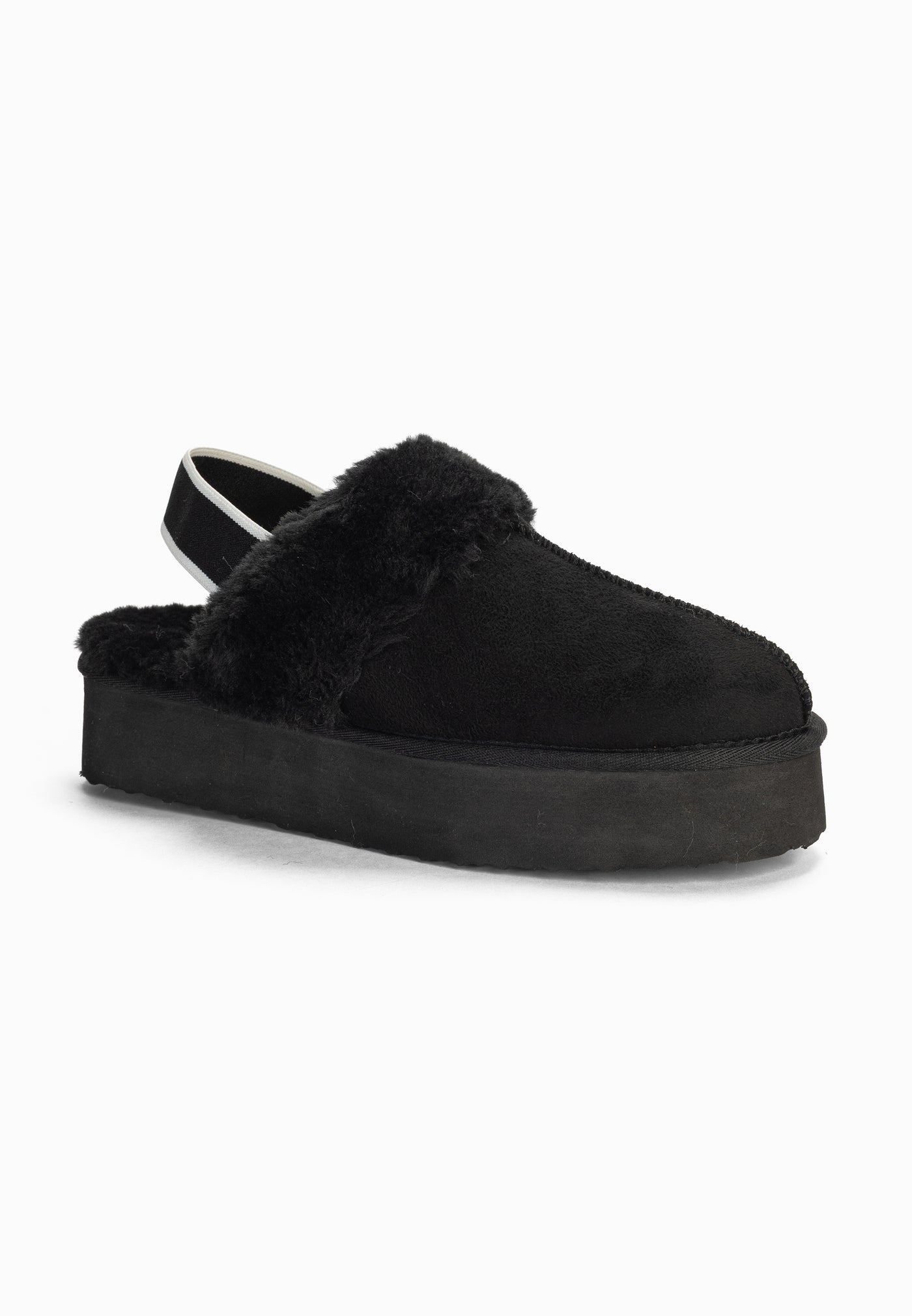 Paire de sabots fourrés Baya noirs vue de trois-quarts arrière, brides dressées