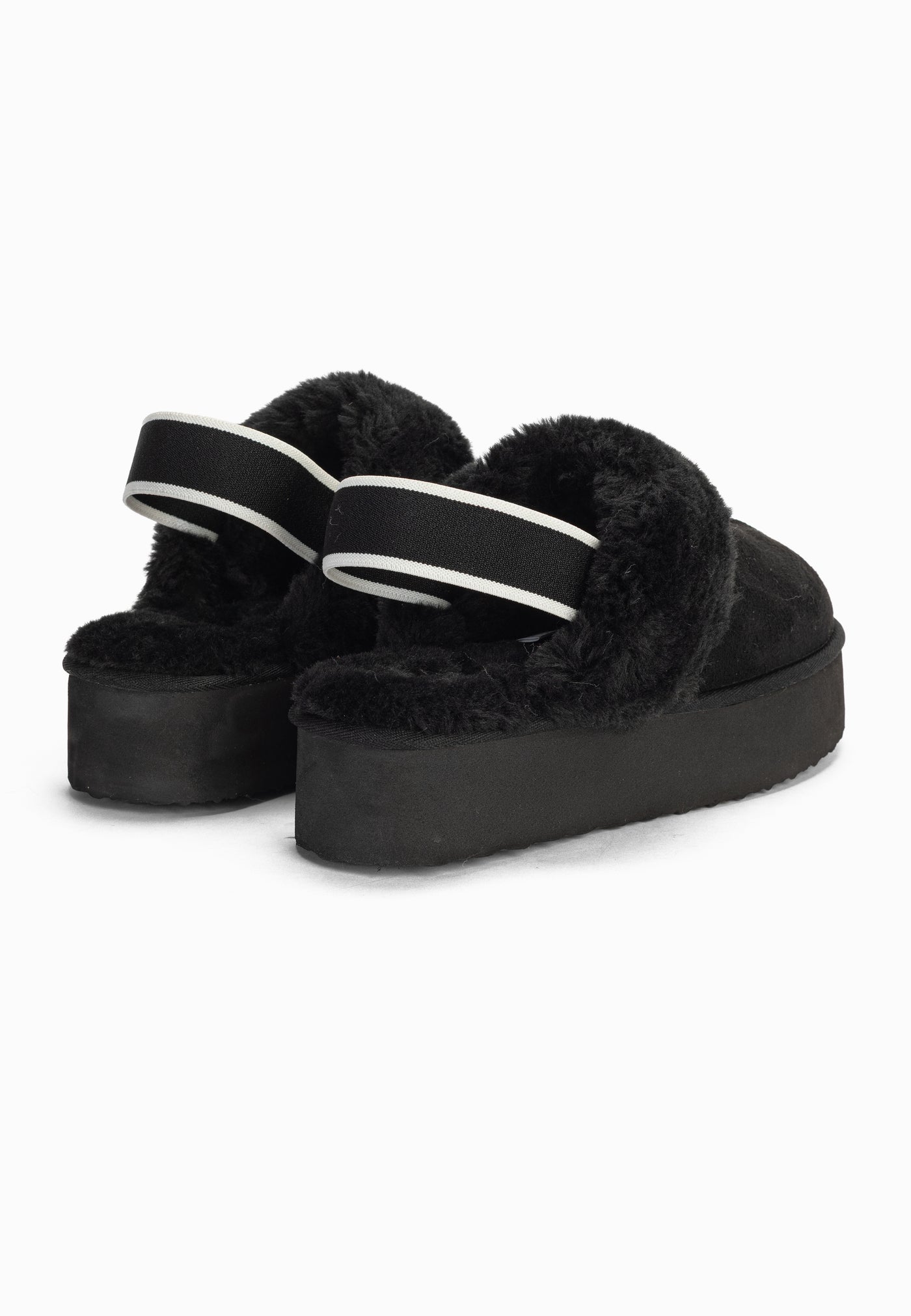 Paire de sabots fourrés Baya noirs de dos, filets blancs des brides élastiques