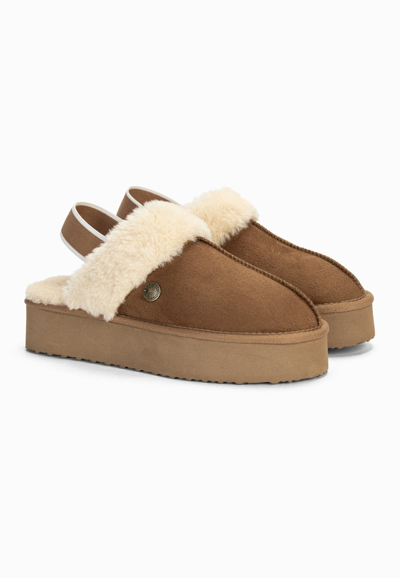 Paire de sabots fourrés à plateforme Baya camel, brides élastiques relevées derrière le talon