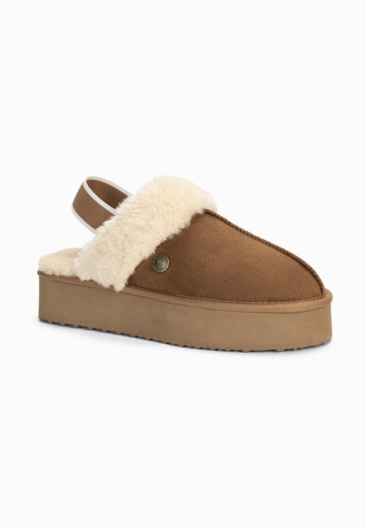 Sabot fourré à plateforme Baya camel de trois-quarts, rivet laiton sur la bande de fausse fourrure