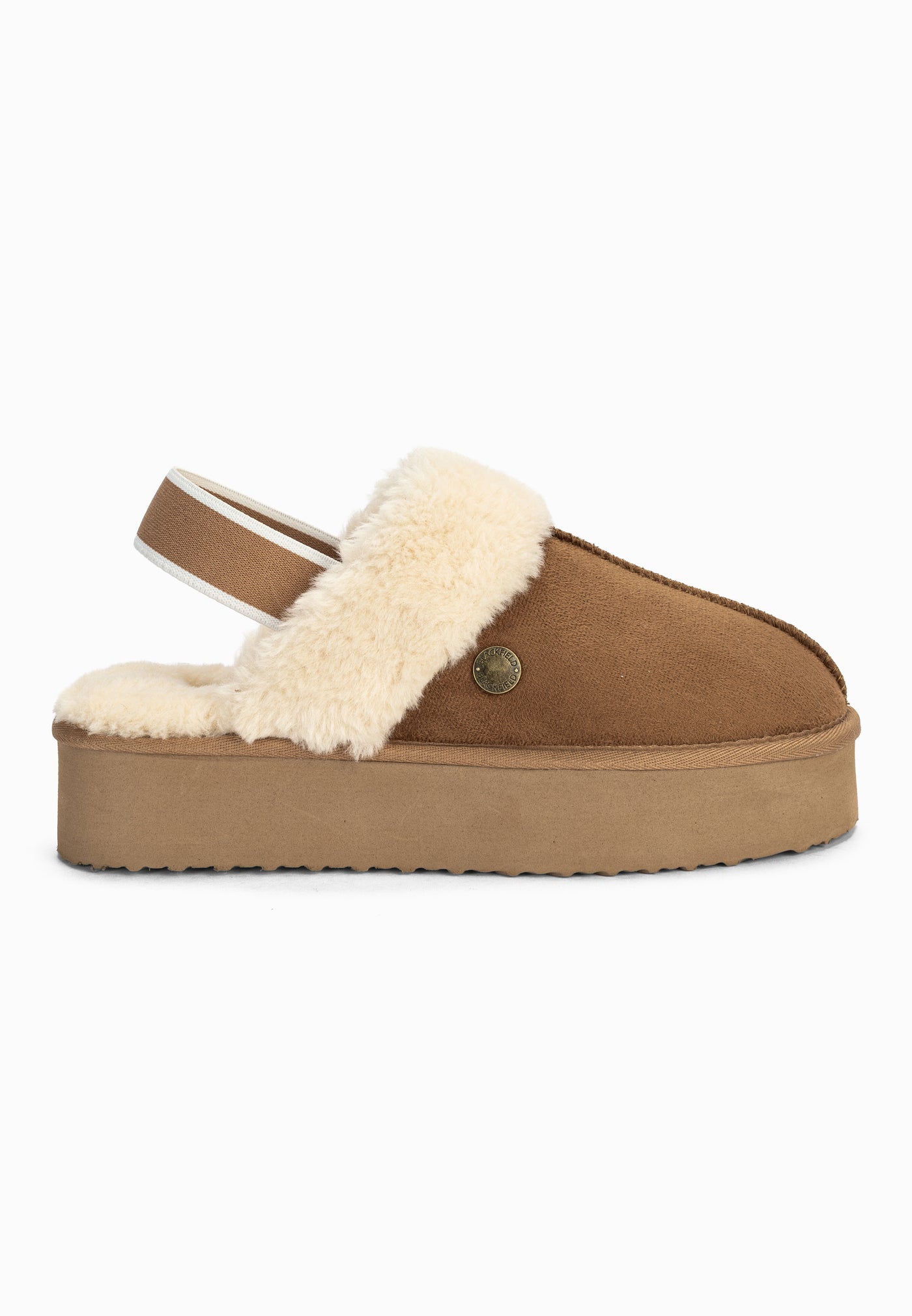 Sabot fourré Baya camel vu de face, large bande de fausse fourrure crème sur le cou-de-pied