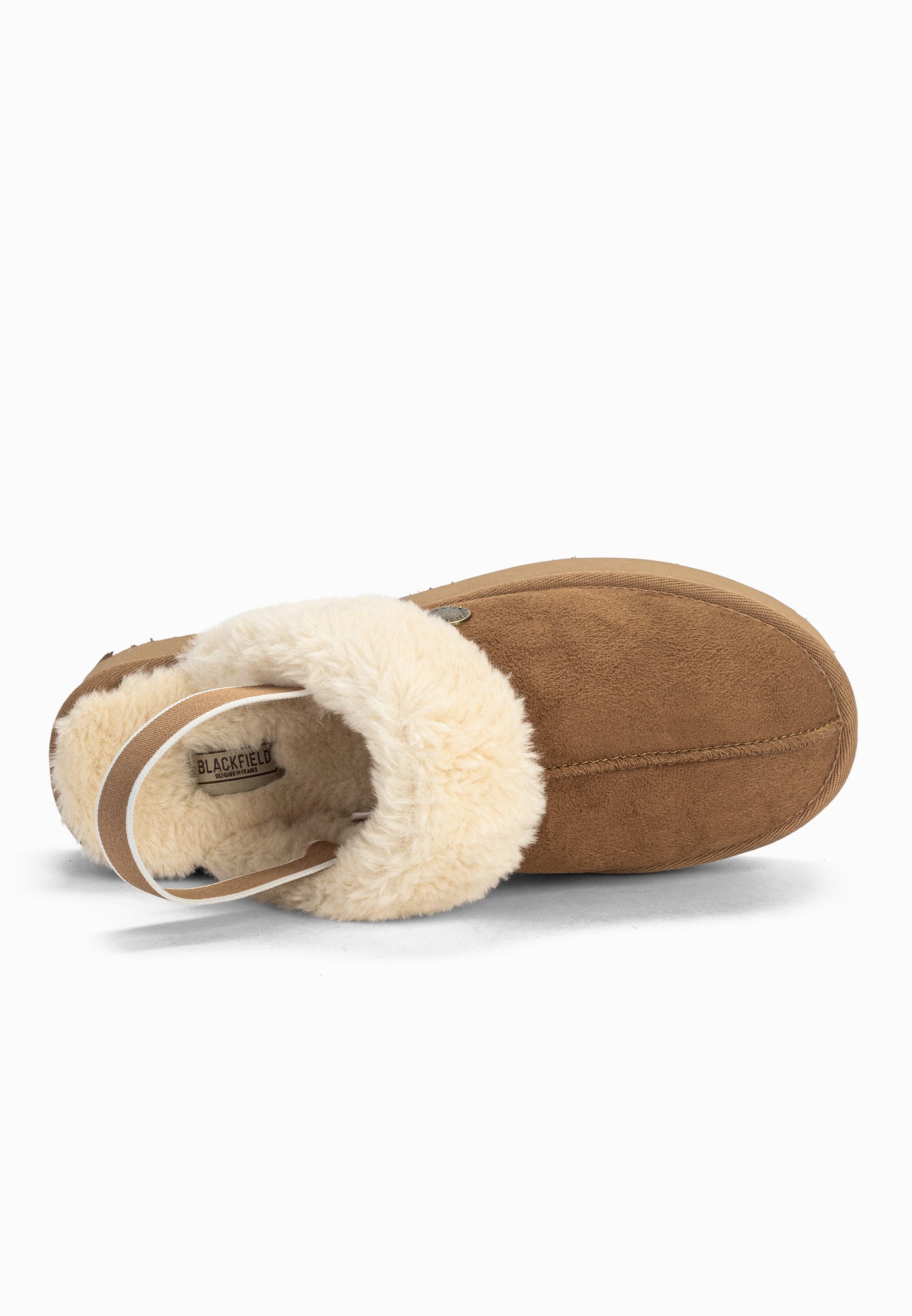 Sabot fourré Baya camel vu de dessus, doublure en fausse fourrure et étiquette Blackfield